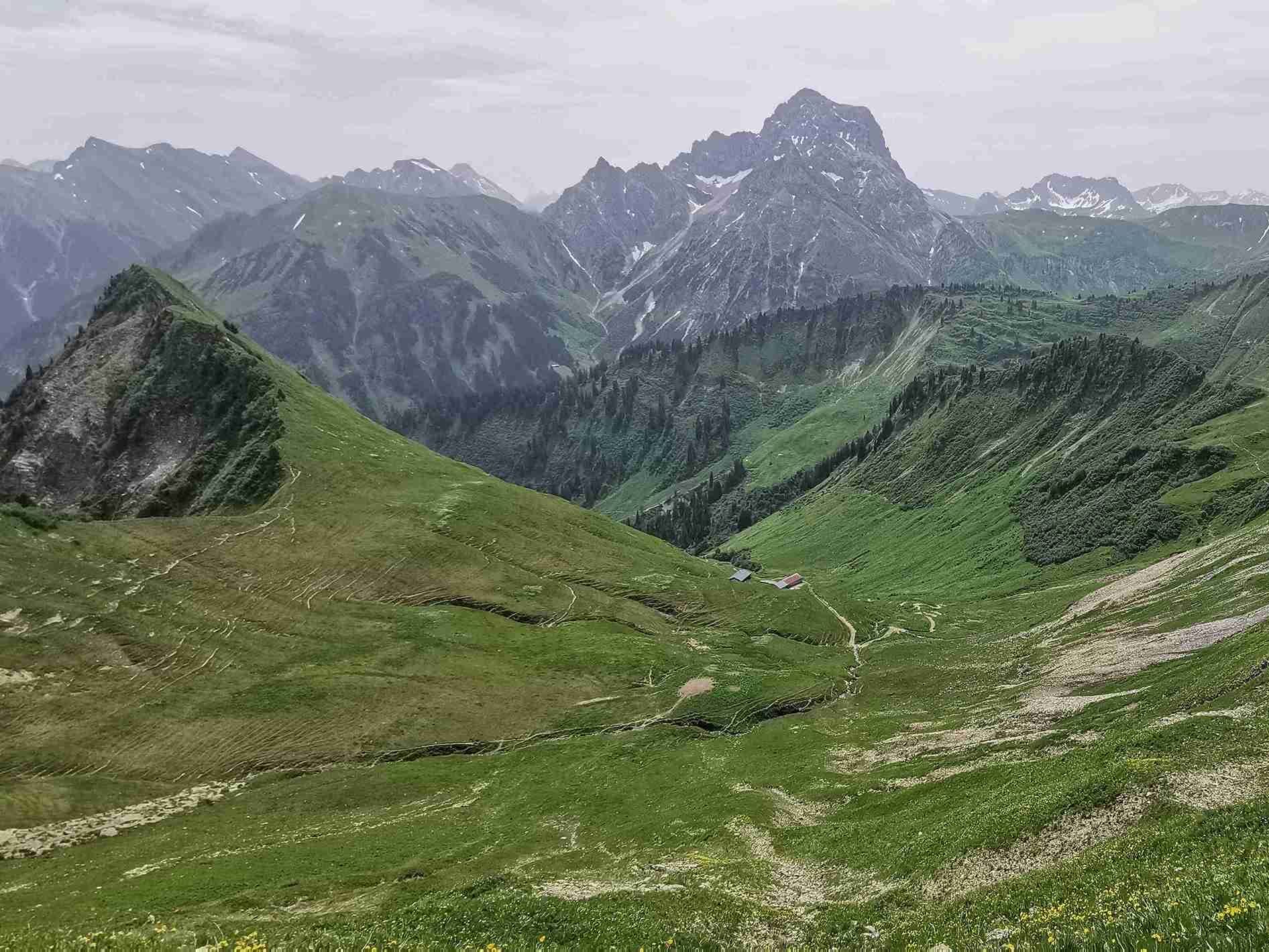 Grüne Wiesen im Kleinwalsertal mit Blick auf die umliegenden Berge der Allgäuer Alpen