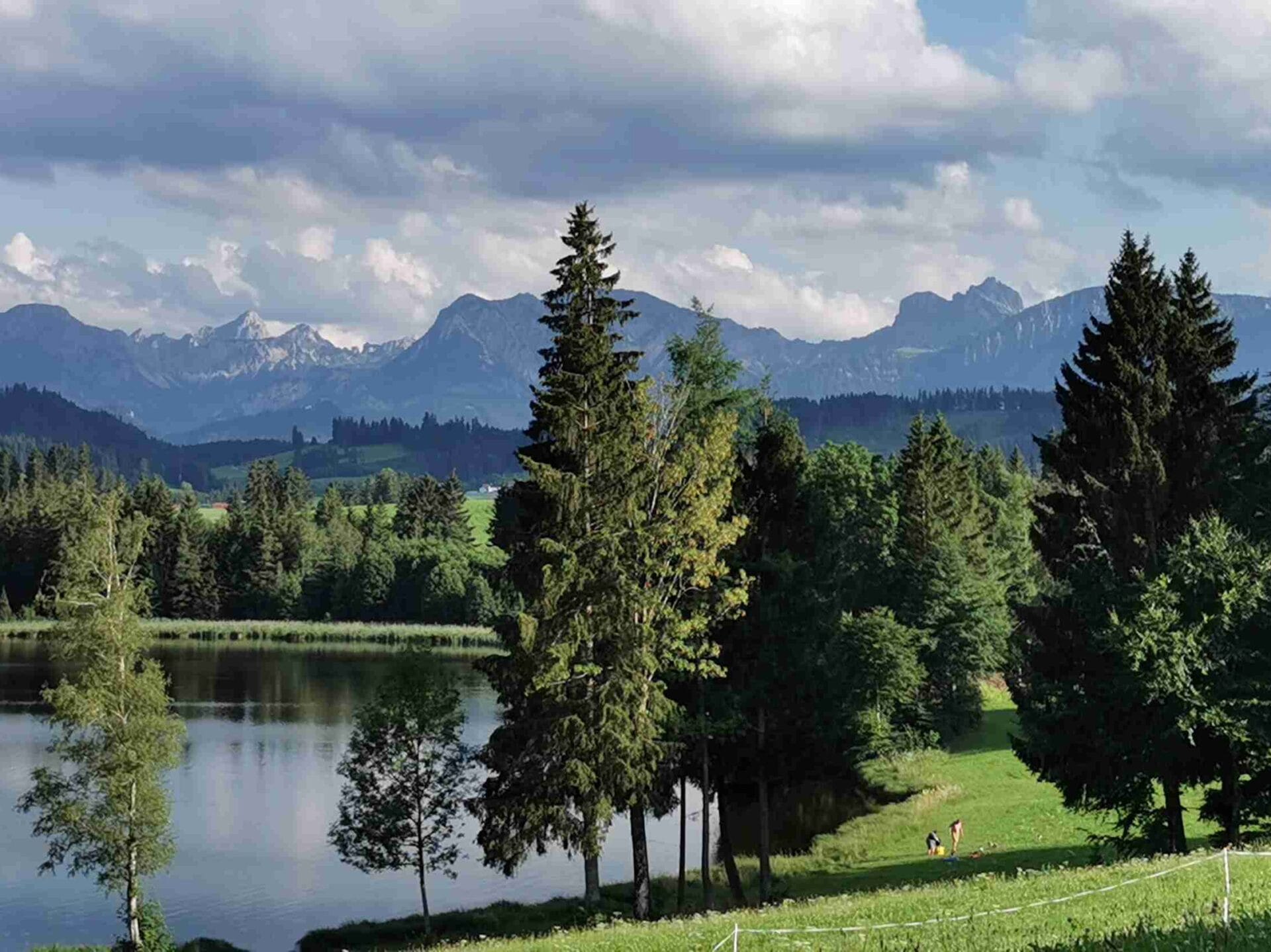 Schwaltenheimer See mit Tannheimer Berge im Hintergrund bei klarem Wetter