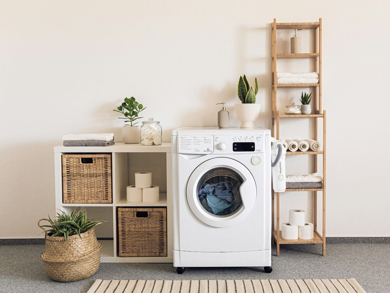 Badezimmer mit Waschmaschine und Ablageschränken inklusive Flechtkörben, Pflanzen und Handtüchern