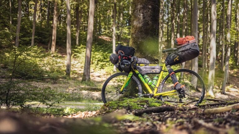 Bepacktes Fahrrad angelehnt an Baum